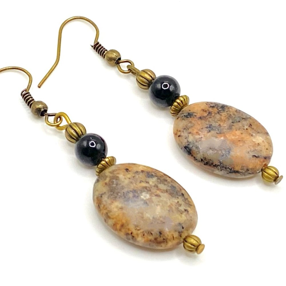 Golden Feldspar Drop Earrings in Antique Brass